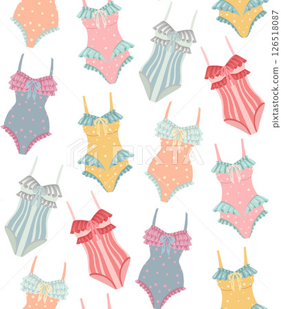 Vector summer pattern with vintage swimsuits. Perfect for fabric prints, kids room decor, or notebooks. Pastel palette 126518087
