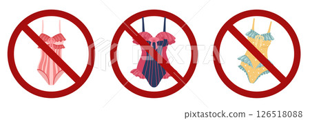 Vector illustration of vintage ruffled swimsuits crossed out with red prohibition signs. Wear revealing swimsuits in ban. Flat cartoon style. Vector illustration of vintage ruffled swimsuits crossed out with red prohibition signs. Wear revealing swimsuits in ban. Flat cartoon style. 126518088