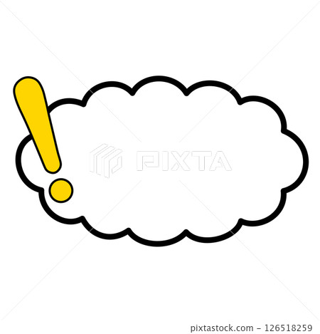 A horizontal cloud-shaped speech bubble with no mouth and a solid yellow exclamation mark on the left A horizontal cloud-shaped speech bubble with no mouth and a solid yellow exclamation mark on the left 126518259