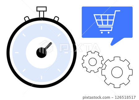 Stopwatch highlighting time, shopping cart icon for e-commerce, and gears for process. Ideal for business efficiency, e-commerce optimization, productivity tools, workflow improvement, time 126518517