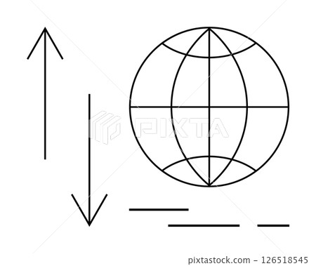 Globe with latitude and longitude lines, upward and downward arrows, horizontal lines. Ideal for technology, network, communication, data transfer, internet, connectivity, global business. Banner Globe with latitude and longitude lines, upward and downward arrows, horizontal lines. Ideal for technology, network, communication, data transfer, internet, connectivity, global business. Banner 126518545
