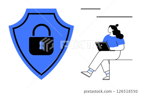 Large blue shield with black lock symbolizing security next to woman using laptop. Ideal for cybersecurity, online safety, data protection, internet security, privacy, digital security, information 126518550