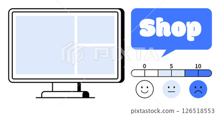 Computer screen with website layout, shop label, and customer satisfaction scale. Ideal for e-commerce, online stores, customer feedback, web design, and user experience. Simple vector style 126518553