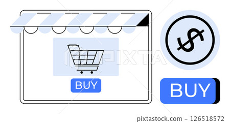 Webpage with shopping cart icon under blue striped awning, large dollar sign in circle, and blue buy button. Ideal for e-commerce, online transactions, digital marketing, retail, sales, web design 126518572