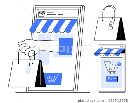 Mobile device screen with storefront elements and a hand holding shopping bags. Ideal for online shopping, e-commerce, digital marketing, retail, and mobile applications. Clean, flat style Mobile device screen with storefront elements and a hand holding shopping bags. Ideal for online shopping, e-commerce, digital marketing, retail, and mobile applications. Clean, flat style 126518578