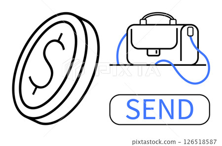 Coin with dollar sign, business briefcase, and Send button symbolize digital money transfer. Ideal for finance apps, banking, fintech solutions, e-commerce, online transactions, business services 126518587