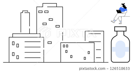 Person using laptop while sitting, positioned above cityscape of tall buildings next to a medicine bottle. Ideal for remote work, urban living, healthcare, technology, telecommuting, pharmaceuticals 126518633
