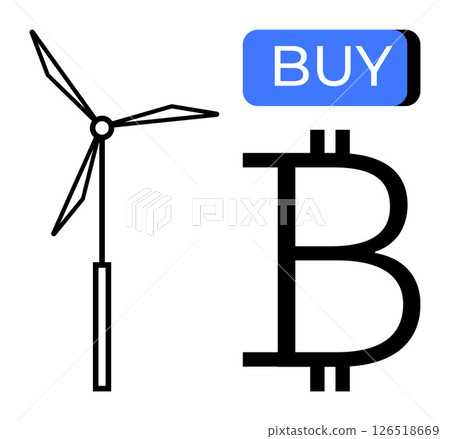 Wind turbine beside a large Bitcoin symbol under a BUY button. Ideal for green energy, cryptocurrency, investments, technology, sustainability, future trends, digital economy themes. Line metaphor 126518669