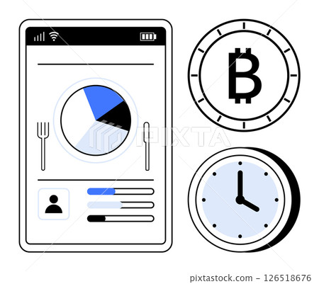 Digital finance tracking app on mobile with pie chart, Bitcoin symbol, clock. Ideal for finance, cryptocurrency, time management, investment planning, business, technology, personal budgeting. Line Digital finance tracking app on mobile with pie chart, Bitcoin symbol, clock. Ideal for finance, cryptocurrency, time management, investment planning, business, technology, personal budgeting. Line 126518676