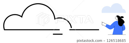 Woman wearing blue looks at and points to a large outlined cloud. Simplistic design with minimalistic background. Ideal for Computing, Weather Forecasting, Imagination, Dreams, Modern Art 126518685
