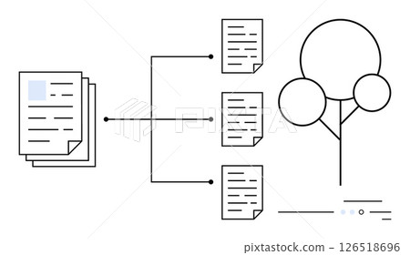 Documents branching out into organized sections from main stack to a tree diagram. Ideal for file management, data organization, work process optimization, knowledge distribution, digital storage 126518696