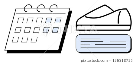 Calendar with highlighted dates and a pair of shoes next to a note pad. Ideal for scheduling, event planning, time management, fitness tracking, productivity, personal goals, task organization. Line Calendar with highlighted dates and a pair of shoes next to a note pad. Ideal for scheduling, event planning, time management, fitness tracking, productivity, personal goals, task organization. Line 126518735