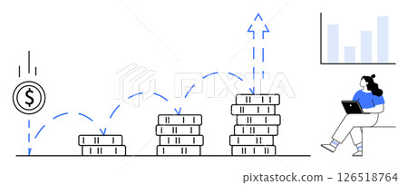 Dollar sign dropping onto stacks of coins increasing in height, person with laptop analyzing growth, chart. Ideal for financial growth, investment planning, economic trends, business strategy 126518764