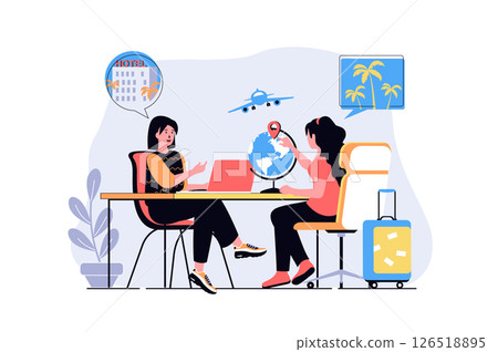 Travel agency web concept with cartoon people design. Operator helping tourist with choosing travel destination, booking hotel and tickets. Flat illustration isolated on white background. 126518895