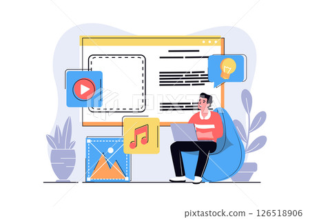 Content manager web concept with cartoon people design. Man creating video and audio content for filling site, finding new ideas for publication. Flat illustration isolated on white background. 126518906
