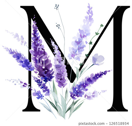 Black letter M with watercolor purple lavender flowers, summer floral wedding isolated monogram 126518934