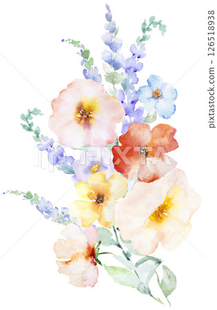 Bouquet with Watercolor pink and yellow flowers and leaves, pastel wedding isolated illustration 126518938