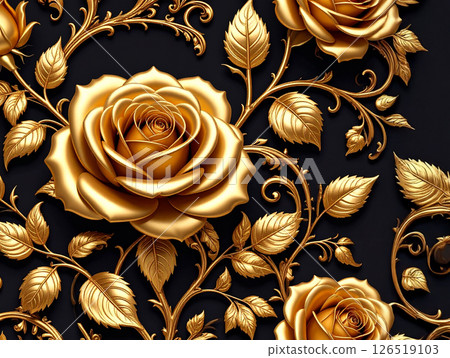 Beautiful solitary golden roses brunch, vivid colours, shiny on a black background. 126519103