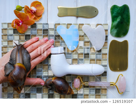 Spa and relax concept, natural organic cosmetics, based on snail slime. Flat lay 126519107