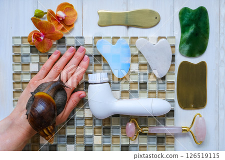 Spa and relax concept, natural organic cosmetics, based on snail slime. Flat lay Spa and relax concept, natural organic cosmetics, based on snail slime. Flat lay 126519115