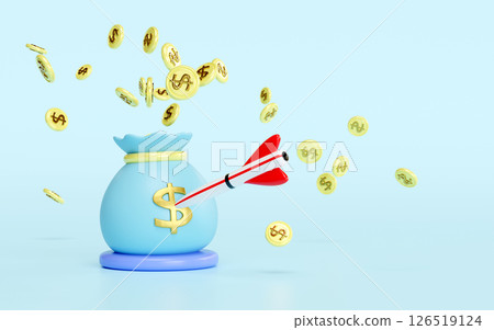 3d money bags with darts or arrow, exploding dollar coins isolated on blue background. Business finance goals and achievements concept, 3d render illustration 126519124