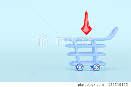 3d cartoon shopping cart icon with arrow isolated on blue background. Concept of shopping in supermarket, putting goods in basket, 3d render illustration 3d cartoon shopping cart icon with arrow isolated on blue background. Concept of shopping in supermarket, putting goods in basket, 3d render illustration 126519125