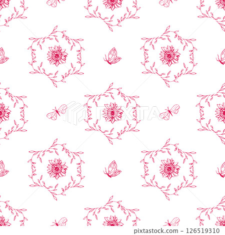 Flowers and butterflies doodles pattern on white background 126519310