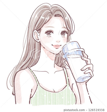 Illustration of a woman in training wear drinking protein, water, and nutritional drinks | Yoga, Pilates, gym, muscle training 126519338