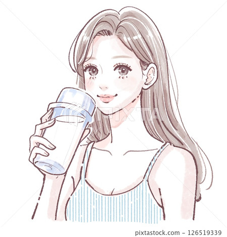 Illustration of a woman in training wear drinking protein, water, and nutritional drinks | Yoga, Pilates, gym, muscle training 126519339
