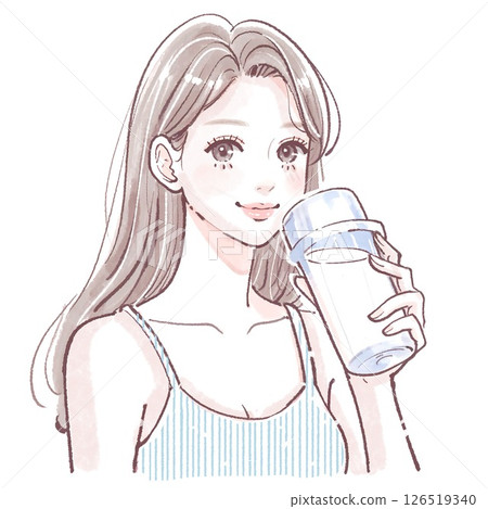 穿著訓練服的女子飲用蛋白質、水和營養飲料的插圖 |瑜珈、皮拉提斯、健身房、肌肉訓練 126519340