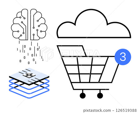 Neural network powering cloud-based online shopping cart with layers of data and binary code. Ideal for AI, machine learning, ecommerce, technology, online shopping, data analysis, cloud computing 126519388