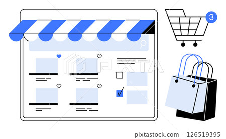 Digital storefront with a striped awning, product listings with icons, shopping cart with 3 items, and shopping bags. Ideal for e-commerce, online shopping, digital marketing, retail, consumer 126519395
