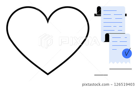 Large black heart symbol is next to rolled receipts with a blue check mark for validation. Ideal for business, health, finance, love, and validation. Simple and minimalist style Large black heart symbol is next to rolled receipts with a blue check mark for validation. Ideal for business, health, finance, love, and validation. Simple and minimalist style 126519403