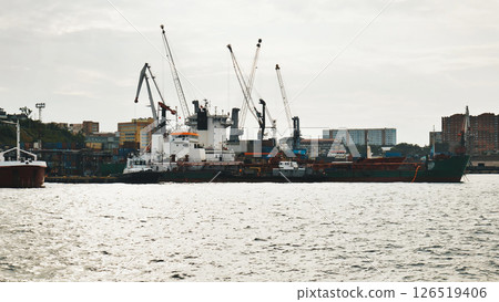 Cargo ship being loaded and unloaded by cranes at a busy commercial port, showcasing global trade and logistics 126519406