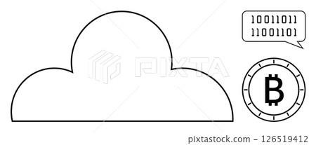 Cloud outline with binary code chat bubble and Bitcoin symbol. Ideal for cloud technology, cryptocurrency, data storage, communication, blockchain, digital finance, coding industries. Line metaphor 126519412