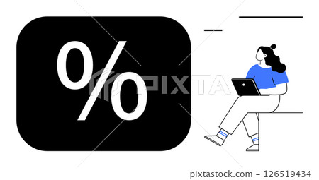 Woman sits with laptop near large percentage symbol. Ideal for financial analysis, business strategy, online education, remote work, data analytics, personal finance, economic growth. Line metaphor 126519434