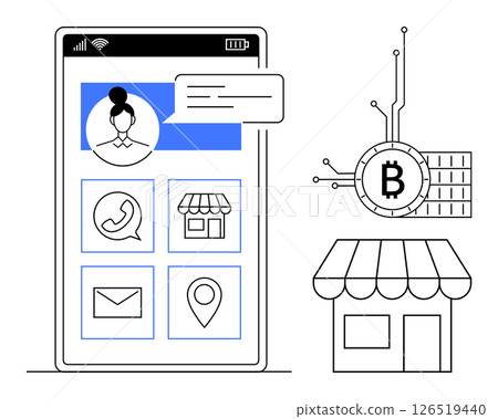 A mobile interface displays user profile, communication options, and location services. Beside it, a small store graphic with a Bitcoin symbol emphasizes cryptocurrency use in retail. Ideal for A mobile interface displays user profile, communication options, and location services. Beside it, a small store graphic with a Bitcoin symbol emphasizes cryptocurrency use in retail. Ideal for 126519440