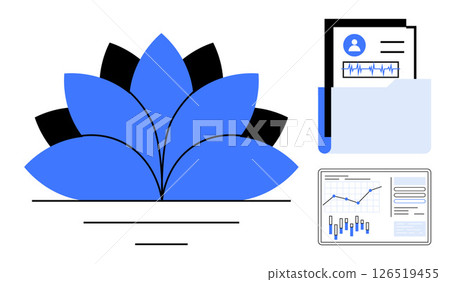 Lotus flower with smooth lines, medical folder with documents, and data chart with graphs and statistics. Ideal for healthcare, wellness, medical analysis, data management, patient records, holistic 126519455