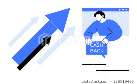 Blue and black arrows pointing upward next to a man holding a cashback sign. Ideal for financial growth, business success, cashback offers, online shopping, e-commerce. Clean and modern style 126519456