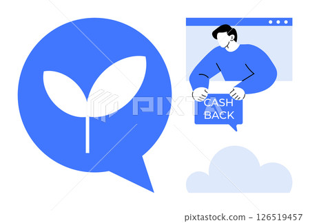 Depicts sustainable finance with a plant sprout inside a speech bubble and a person holding a Cash Back sign in a browser window. Ideal for green finance, eco-friendly practices, rewards programs 126519457