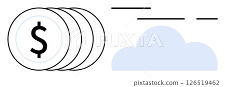 Stack of coins symbolizing financial savings next to a cloud icon. Ideal for financial planning, cost efficiency, cloud technology, digital economy, online storage solutions, fintech promotions, SaaS 126519462