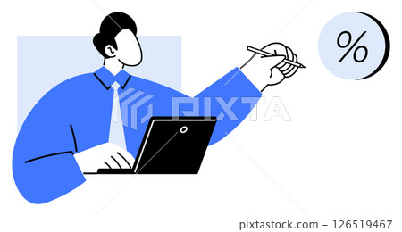Business professional working on a laptop and holding a pen, indicating a percentage symbol. Ideal for finance, investment, statistics, accounting, sales analysis, business strategy, and economic 126519467