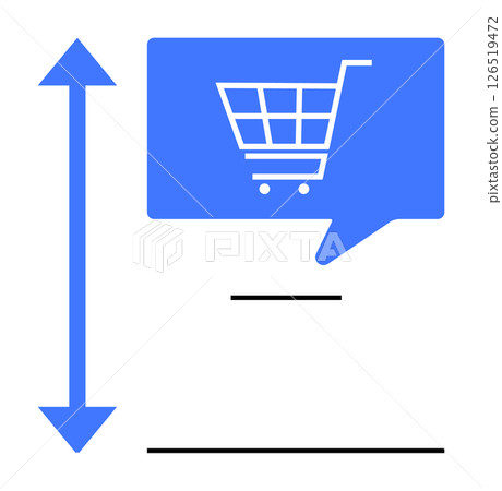 Shopping cart icon in chat bubble above black line with blue vertical arrow indicating height adjustment. Ideal for online shopping, customer support, e-commerce, digital marketing, web development 126519472