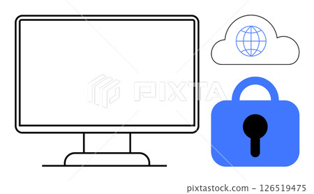 Computer monitor beside a cloud icon with a globe and a blue padlock. Ideal for technology, cybersecurity, data protection, online privacy, and internet security. Simple flat design. Themes include 126519475
