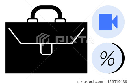 Black briefcase alongside blue video call and percentage icons. Ideal for business, finance, remote work, virtual meetings, digital communication, financial analysis, corporate presentations. Line 126519488