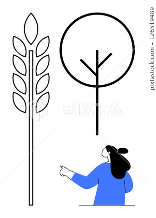 Person in blue pointing at a wheat stalk and simple tree. Ideal for nature, agriculture, sustainability, education, and environmental awareness themes. Modern minimalist style 126519489