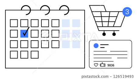 Calendar with selected date highlighted, shopping cart with notification bubble, and social media post with thumbs ups and comments. Ideal for planning, online shopping, social media management Calendar with selected date highlighted, shopping cart with notification bubble, and social media post with thumbs ups and comments. Ideal for planning, online shopping, social media management 126519493