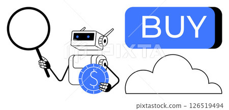 Robot holding a magnifying glass and a coin stands beside a cloud and a large BUY button. Ideal for AI, e-commerce, cloud storage, finance, automation, technology, business strategies. Line metaphor Robot holding a magnifying glass and a coin stands beside a cloud and a large BUY button. Ideal for AI, e-commerce, cloud storage, finance, automation, technology, business strategies. Line metaphor 126519494