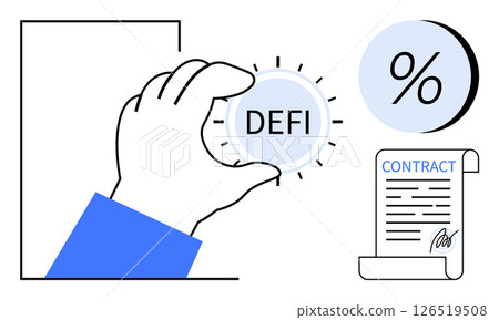 Hand holding DEFI coin, percentage icon, and contract scroll with signature. Ideal for finance, blockchain, decentralized finance, smart contracts, cryptocurrency, interest rates, fintech. Line Hand holding DEFI coin, percentage icon, and contract scroll with signature. Ideal for finance, blockchain, decentralized finance, smart contracts, cryptocurrency, interest rates, fintech. Line 126519508