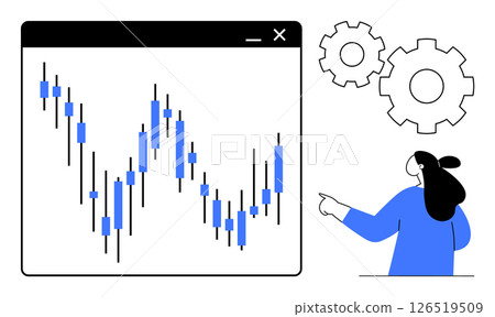 Woman points to candlestick chart displayed on window with gears in background. Ideal for financial analysis, technical charting, data visualization, business presentations, and stock market 126519509